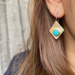 Gemstone, Brass Earrings, Turquoise Earrings, Triangle Earrings, Drop Earrings