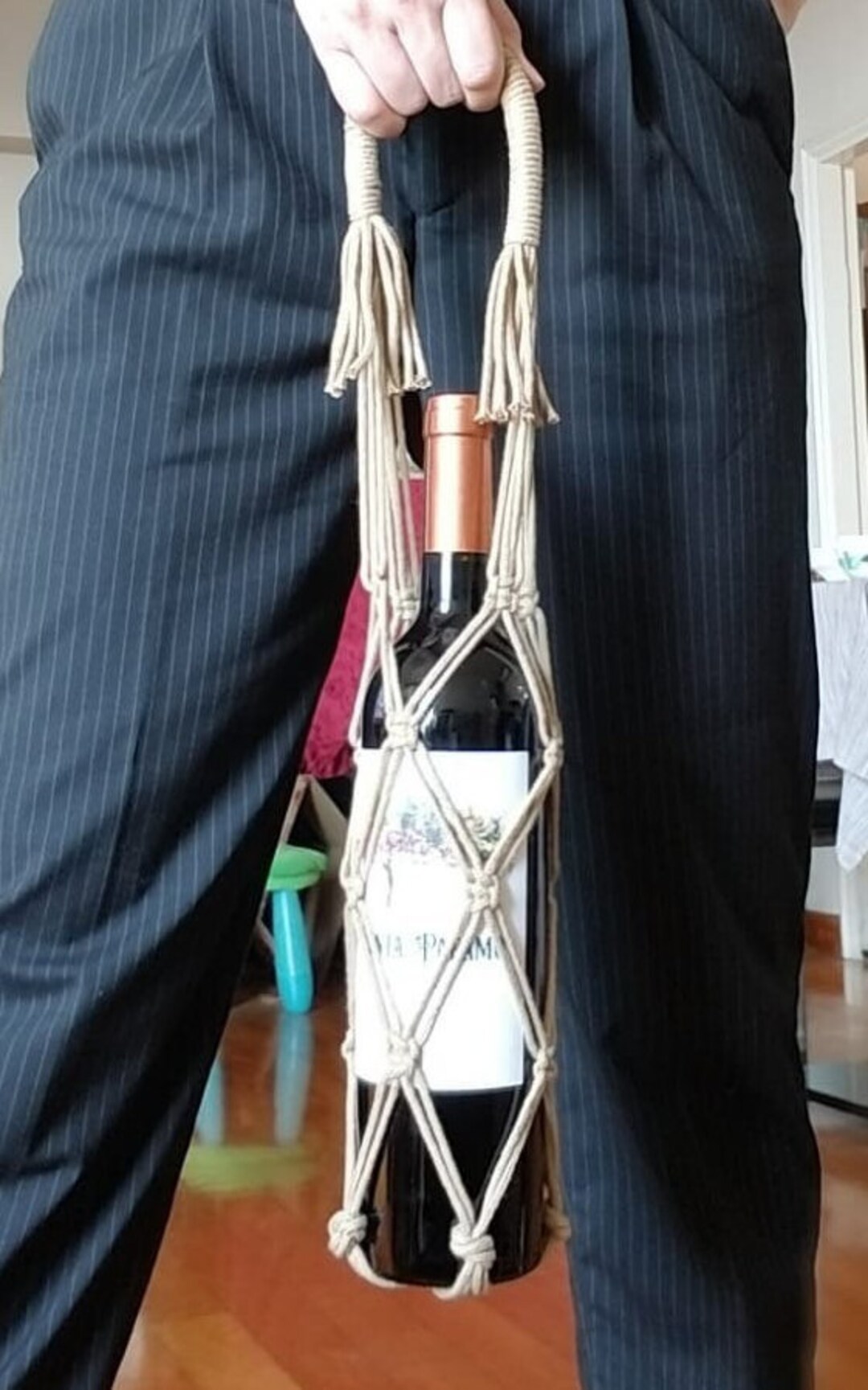 Hand Knitted Macrame Rope Wine Bottle Carrier Etsy