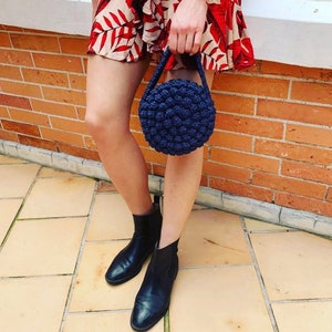 Handmade Dark Blue Crochet Bubble Bag - Summer Style Handbag - Round Handbag