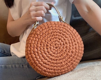 Handgestrickte gehäkelte runde Handtasche - Handgemachte Macaron Top Henkel Tasche - Süße Süßigkeiten Tasche - Mode Handtasche