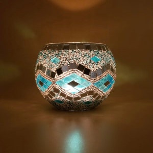 Turkish Pattern Mosaic Candle Holder - Handmade Glass Candle Light Home Decoration - Cozy Blue Modern Candle Light - Special Gift Ideas
