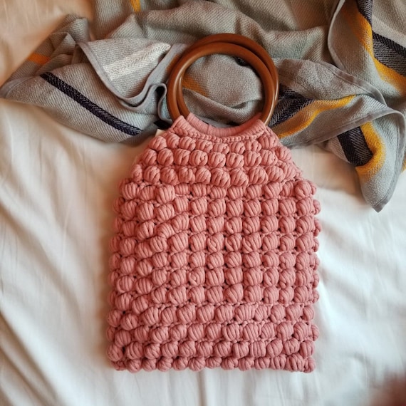 Crochet Bubble Stitches Handbag Round Wooden Handle