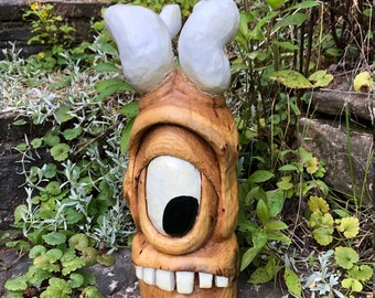 Horned One-Eyed Monster Wood Carving Silly Face Wood Spirit Sculpture Garden Decor Gift