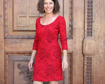 Etuikleid aus Cloqué-Jersey, rubinrot-dunkelgrau mit Rosenmuster, rot-grau, Cocktailkleid, Partykleid, Jerseykleid, Kofferkleid