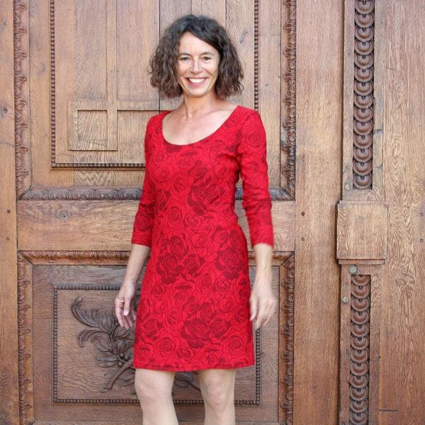 Etuikleid aus Cloqué-Jersey, rubinrot-dunkelgrau mit Rosenmuster, rot-grau, Cocktailkleid, Partykleid, Jerseykleid, Kofferkleid