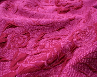 Cloqué jersey red roses on pink | Jersey knit, double knit, relief pattern