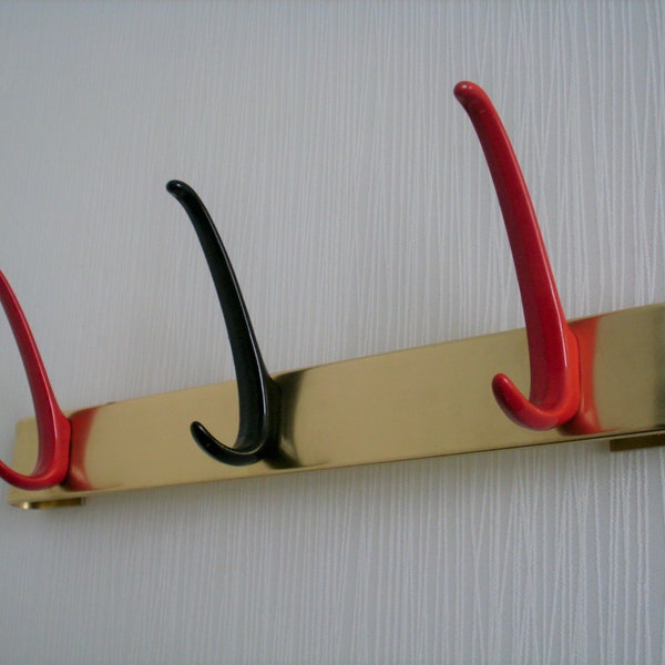 50s brass hook bar with 3 hook Mid Century red black
