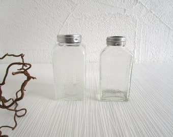 2 old glass containers Poncet Bauhaus metal lid with glass storage