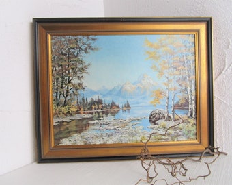 Vintage picture mountain lake motif wooden frame gold wall decoration mountain lake decoration gold frame