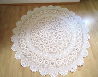 Vintage large tablecloth 1.50 m crochet blanket handmade beige