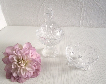 Set of vintage bonboniere crystal glass lidded jar 2 glass bowls 1 lid