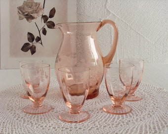 Vintage juice set 6 pieces Rosalin glass jug glasses pink