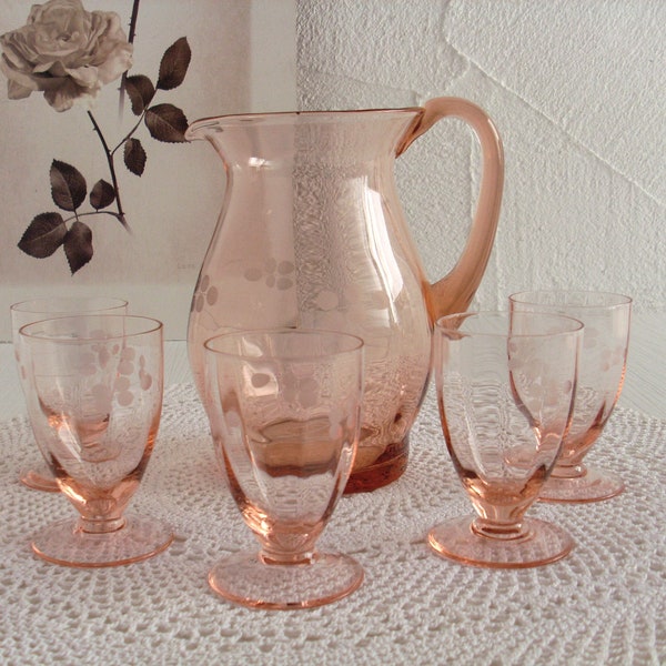 Vintage Saftset 6 teiliges Rosalin Glas Krug Gläser Rosa