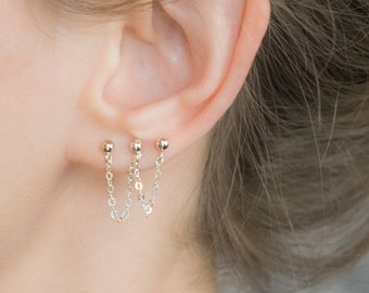 Chain earring, double piercing earring,triple piercing earring,four holes earring set,stud earrings,double piercing