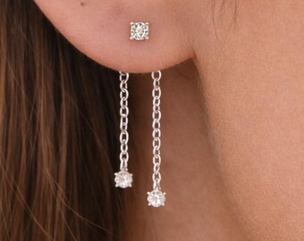 Sterling Silver Chain Drop Stud Earrings, Gold Filled CZ Dangle Studs, Minimalist Chain Earrings, Curated Ear Jewelry, Double Chain Earrings