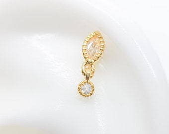 Helix Cartilage Earring Pear CZ Diamond Dangly Piercing – Thread Screw Closure in Gold and Silver
