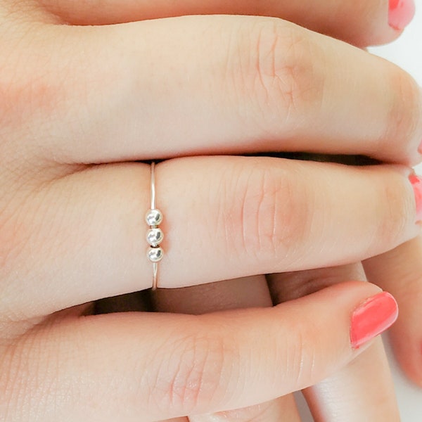 Silver Anxiety Ring - Fidget Ring - Adjustable Anxiety Ring- Stacking Ring - Anxiety Ring with 3 Beads - Worry ring-Spinner Ring-Stress Ring