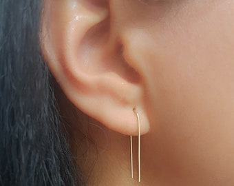 Mother Day - Open hoop earring, ear jacket dangle earring, U shape hoop, Long arc earring, Threader earring, Gold Silver Rose