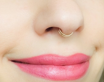 Mother Day - Fake Septum, Fake Double Septum, Fake Nose Ring Double Hoop Septum Piercing, Gold Septum Ring Clip On