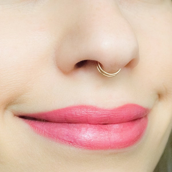 Mother Day - Fake Septum, Fake Double Septum, Fake Nose Ring Double Hoop Septum Piercing, Gold Septum Ring Clip On