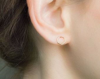 Mother Day - Hexagon Earrings, hexagon studs, Gold stud earrings, dainty stud earrings, Small Gold Stud Earrings