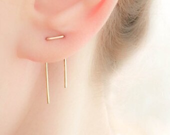 Mother Day - Double piercing earring, Threader earrings, Staple earrings, Two hole earrings, Double lobe piercing, Gold Silver Rose Gold