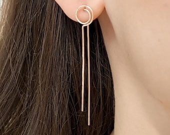 Handmade Modern and Minimalist Circle Threader Earrings in Gold Silver or Rose Gold, Long Elegant Earrings