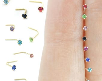 Gold Nose Studs 24 gauge L shaped Nose Jewelry Colorful CZ Stones Red Green Light Pink Black Magenta Royal Blue Teal Light Blue