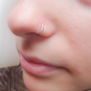 Double Hoop Nose Ring Single Pierced - Diamond Cut Silver Nose Ring - Nose Piercing Twisted- Double Nose Ring - Single Pierce Double Hoop