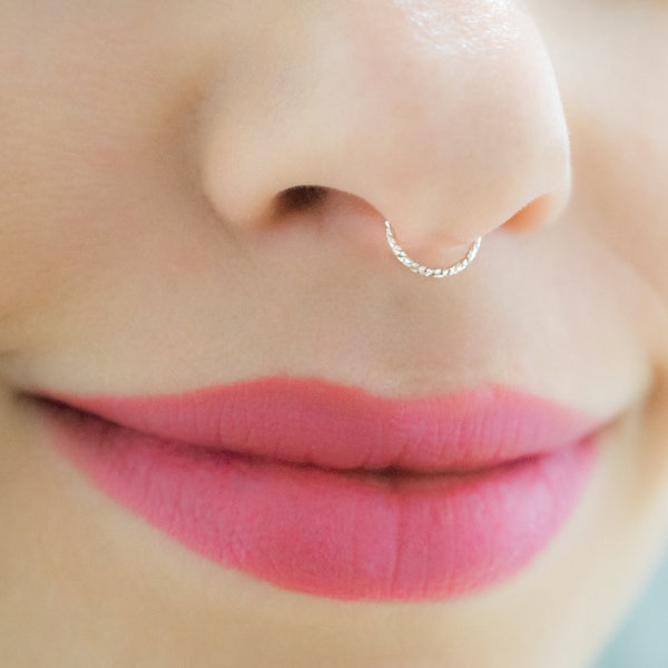 Silver Septum Ring, Diamond Cut Nose Ring, Sparkle Nose Ring Hoop, 18g Septum Nose Ring, Twisted Textured Nose Ring
