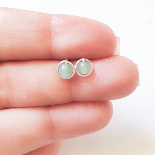 Jade Studs Earrings Silver - Natural Jade Earrings - Sterling Silver Light Green Small Studs Earrings - Natural Jade Stone Studs