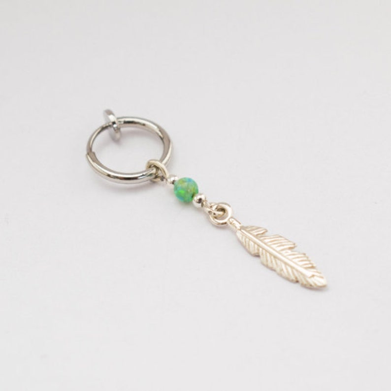 Fake belly button piercing ring, Non piercing belly ring, Fake Belly hoop feather Charm Opal Bead, Add On Belly Ring, Fake Naval Hoop 