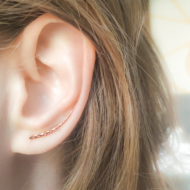 Long Curved and tapered Ear sweep earrings in rose gold