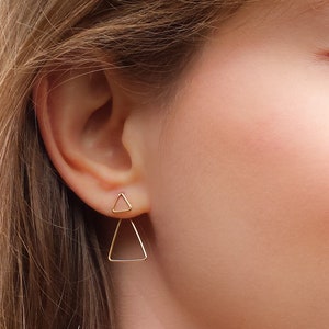 ear jacket earring , double triangle earrings , minimalist , triangle earings , Triangle Ear Jacket, Geometric front back earrings