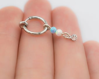Fake belly button ring, Dangle belly ring no piercing, Fake Belly hoop CZ Opal Charm, Add On Naval Ring, Fake Naval Hoop Ring