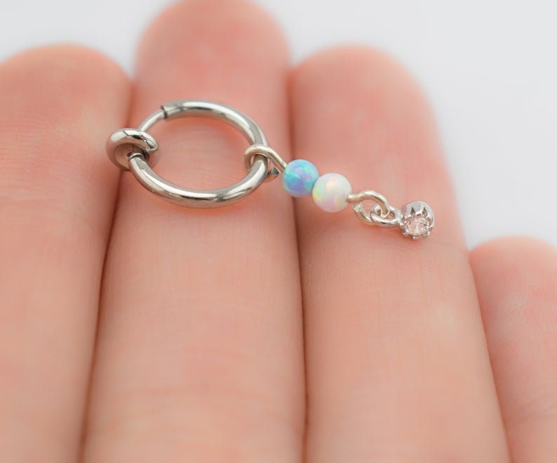 Fake belly button ring, Dangle belly ring no piercing, Fake Belly hoop CZ Opal Charm, Add On Naval Ring, Fake Naval Hoop Ring 