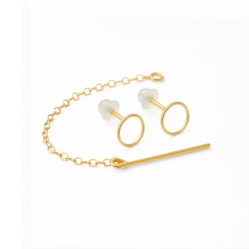 Pendientes de enhebrador, pendientes de cadena, pendientes atrevidos, pendientes de botón de cadena, pendientes de cadena de barra, minimalistas, conjunto de pendientes de botón circular con cadena imagen 5