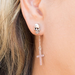 skull earring, cross earring, Punk, Goth, punk chain earring, dangle cross earring