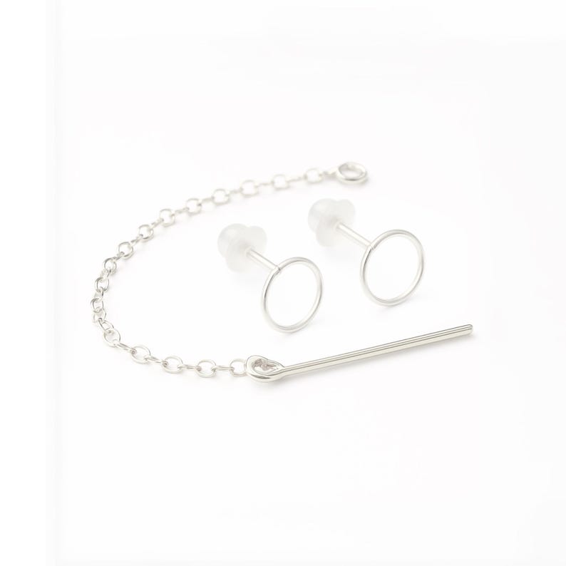 Pendientes de enhebrador, pendientes de cadena, pendientes atrevidos, pendientes de botón de cadena, pendientes de cadena de barra, minimalistas, conjunto de pendientes de botón circular con cadena imagen 6