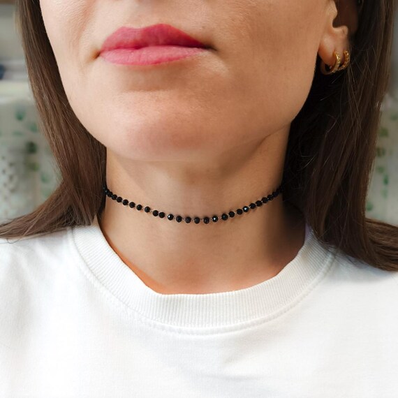 Black Choker Necklace - Beaded Choker - Chokers for Women - Thin