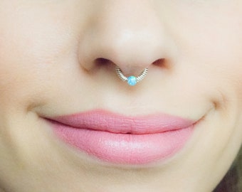 Mother Day - Septum ring wrapped beaded, Septum piercing opal, Septum opal hoop, Opal Septum Ring Piercing, Septum Jewelry