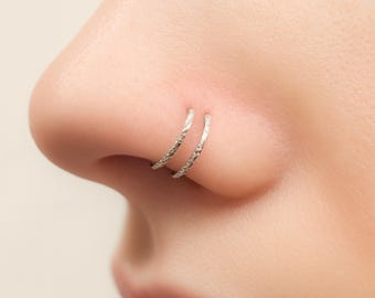 Double Hoop Nose Ring Single Pierced - Diamond Cut Silver Nose Ring - Nose Piercing Twisted- Double Nose Ring - Single Pierce Double Hoop