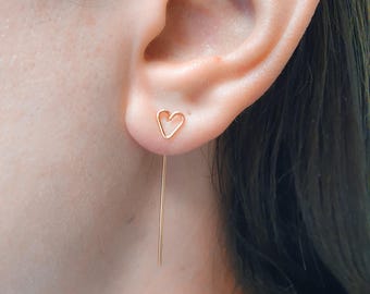 Jacket earrings, Heart Earrings, Heart Ear Jacket, Front Back Earrings, Heart Threader Earrings, Silver gold rose gold ear jackets