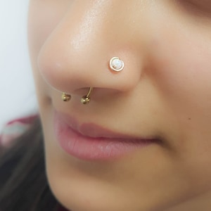 Tiny opal Nose Stud,  20g nose stud, Nose Piercing, L shape nose ring, white opal nose stud