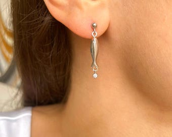 Dangle Fish Earrings with CZ Charms - Tiny Fish Earrings - Gold Fish Earrings - Silver Fish Earrings - Nautical Ocean Jewelry