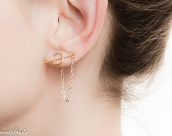 Threader earrings, chain earrings, edgy earrings, chain stud earrings , bar chain earrings , minimalist, Circle Stud Earring Set with Chain