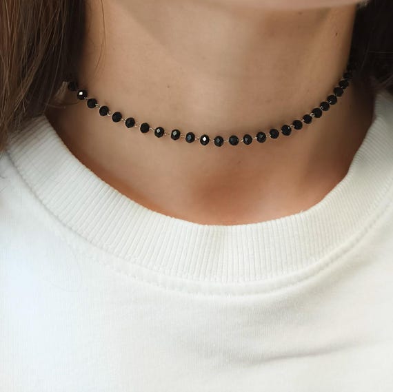 Black Choker Necklace - Beaded Choker - Chokers for Women - Thin