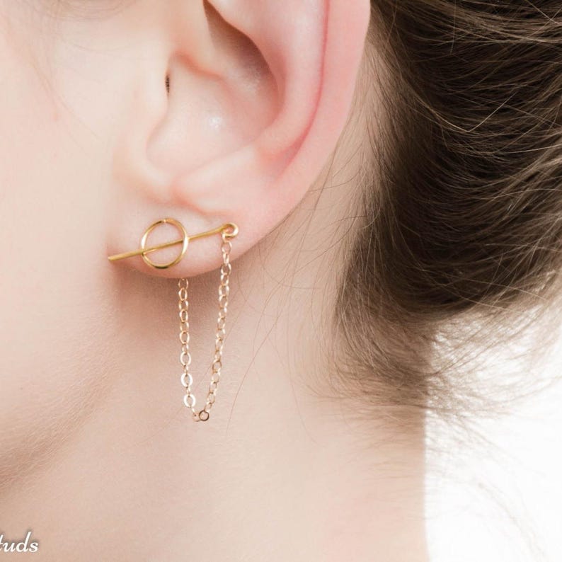 Pendientes de enhebrador, pendientes de cadena, pendientes atrevidos, pendientes de botón de cadena, pendientes de cadena de barra, minimalistas, conjunto de pendientes de botón circular con cadena imagen 2