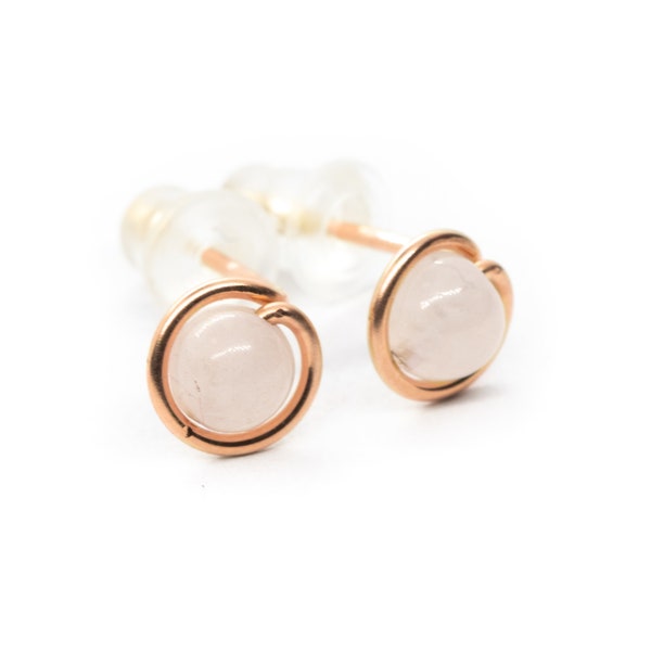 Mother Day - Rose Quartz Rose Gold Earrings Studs, blush jewelry, rose quartz earrings, rose gold stud earrings