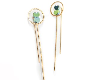 Long Stick Heart Earrings - Drop Gold Earrings - Hematite Earrings - Elegant Handmade Earrings - Stone Earrings - Long Drop Circle Earrings